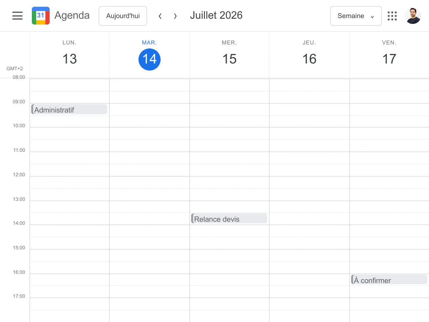 Google Agenda presque vide avec seulement administratif, relance devis et un créneau à confirmer